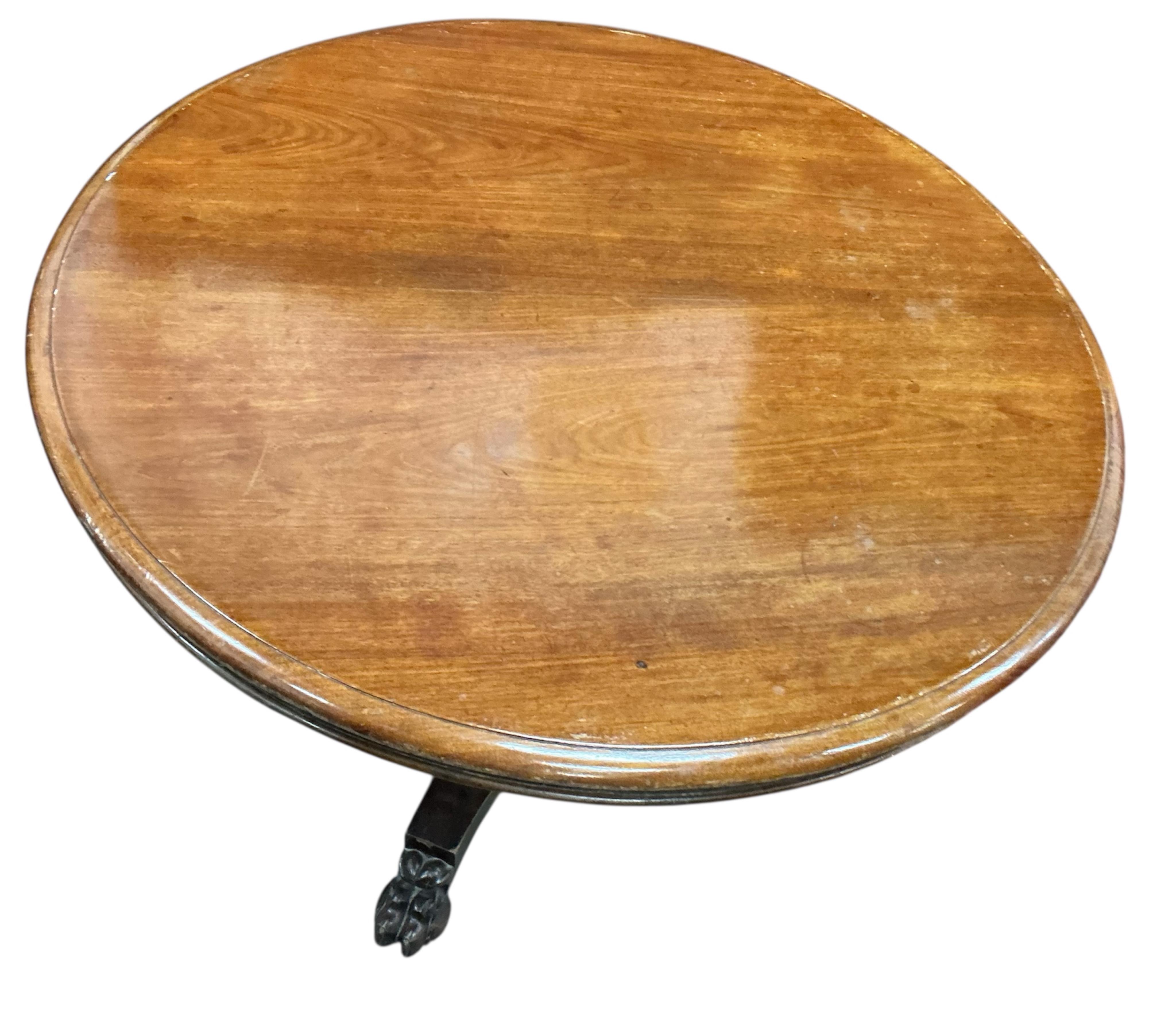 A Victorian circular mahogany tilt top breakfast table, diameter 110cm, height 72cm